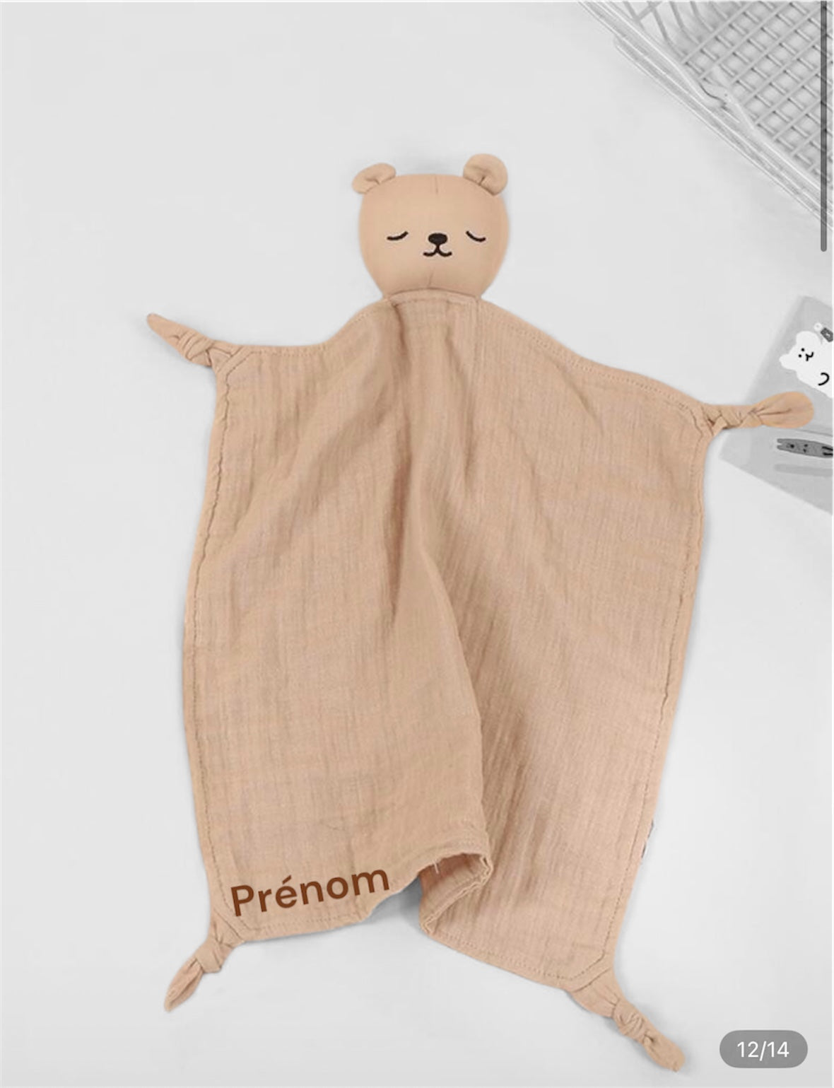 Doudou gaze de coton modèle ourson - Personnalisable